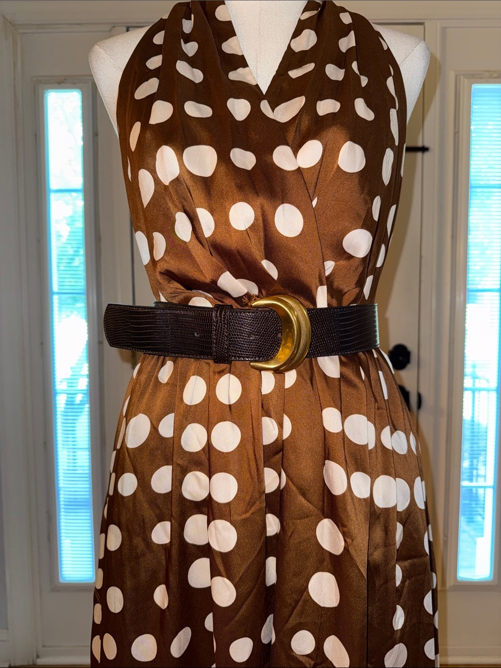 Donna Karan Brown and White Polka Dot Sleeveless Midi Dress - Picture 4 of 8